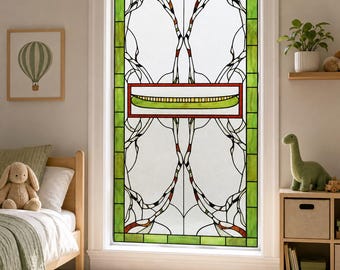 Art Deco Arched Linework Stained Glass Effect Window Film with Green Border, Custom Size