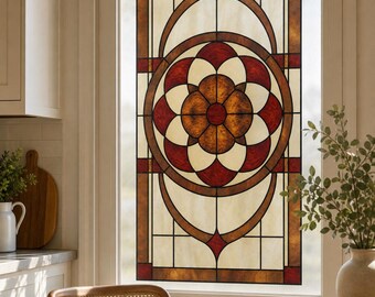 Amber and Red Static Cling Window Film with Floral Medallion, Custom Size Available