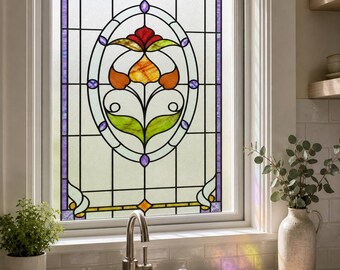 Kitchen Window Printed Stained Glass Effect Film with Art Nouveau Floral Medallion, Custom Size