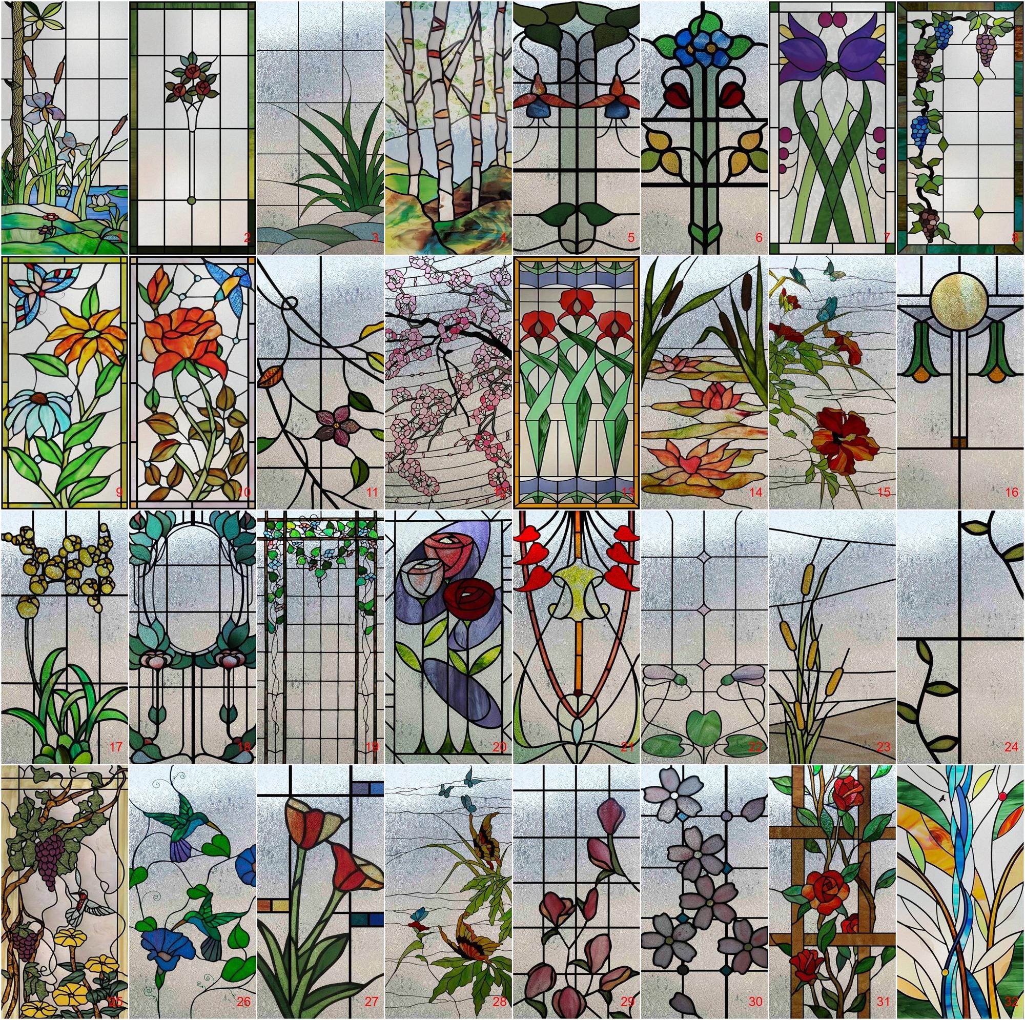 Custom Size Retro Style Stained Glass Window Film Frosted Privacy Static Cling Stickers for Shower Kitchen and Home Decor with Flower Moti
