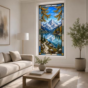 May include: A tall rectangular stained glass window panel featuring a mountain landscape with snow-capped peaks, a calm blue lake, a stone path, and golden-yellow trees. The intricate glass design displays a detailed reflection of the mountains.