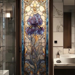 May include: A decorative stained glass door with a purple iris design, set within a dark wooden frame. The glasswork incorporates yellow and blue hues, creating a striking visual. The door is a feature in a bathroom, showcasing detailed craftsmanship.