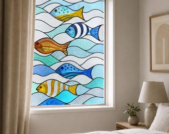 Light-Filtering Privacy, Blue Teal Yellow Fish Stained Glass Effect Film, Custom Size