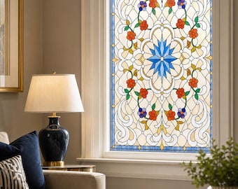 Floral Starburst Medallion Printed Stained Glass Effect Window Film, Custom Size Available