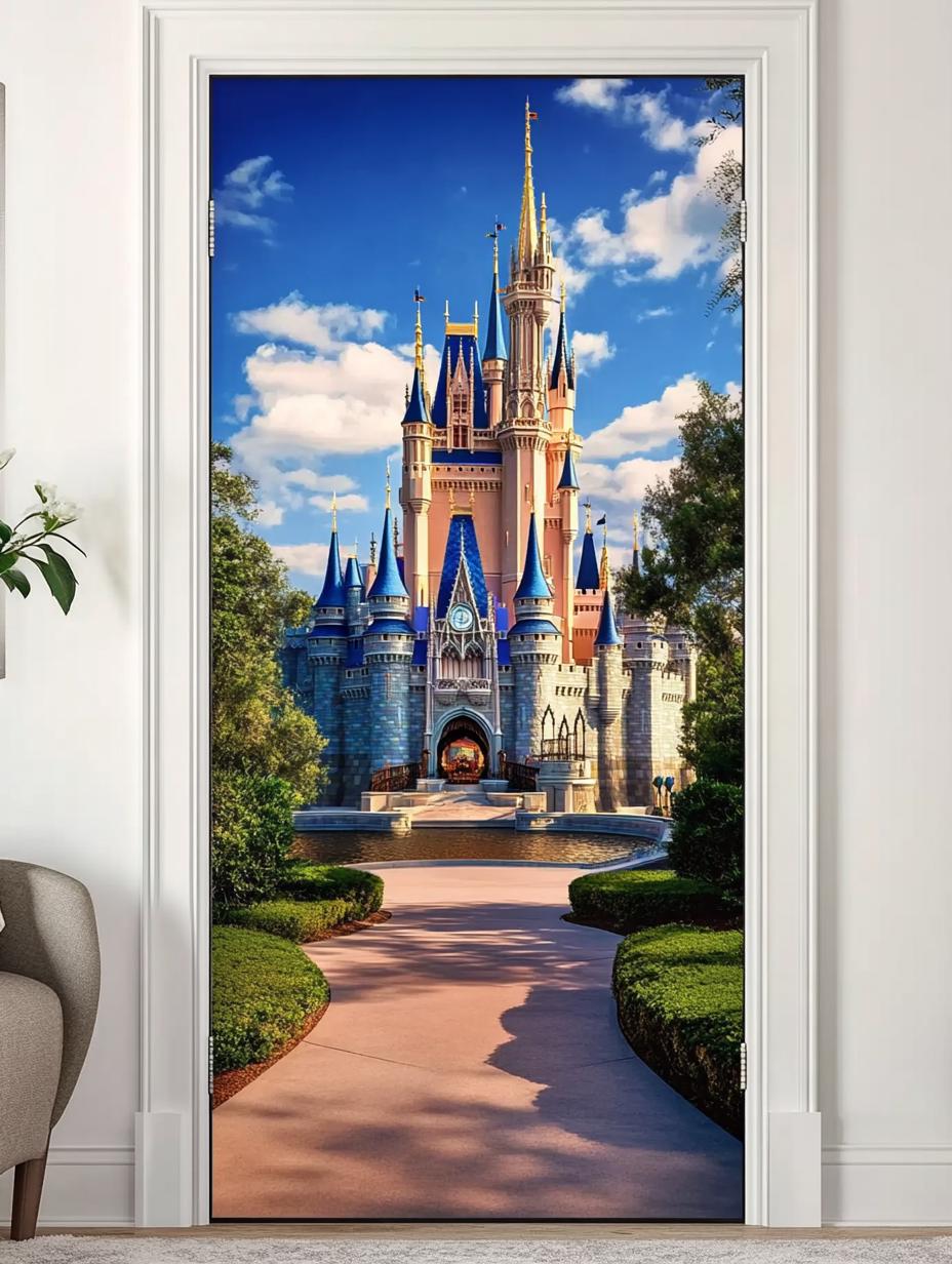 Custom Size Fantasy Castle Waterproof Door Sticker Self-Adhesive Fairytale Door Wrap for Bedrooms Living Rooms and Playrooms