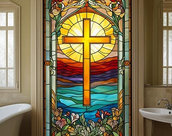 Custom Size Christian Cross Stained Glass Window Film Frosted Privacy Static Cling Decorative Window Covering for Glass Door Bathroom