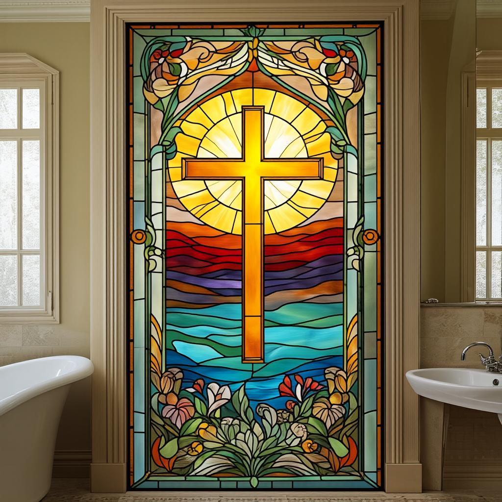 Custom Size Christian Cross Stained Glass Window Film Frosted