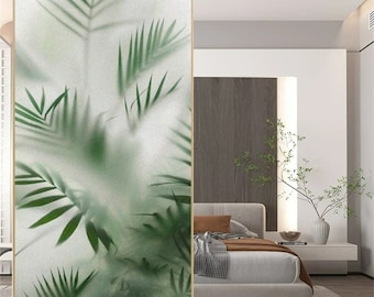 Custom Size Frosted Foggy Green Leaves Window Film - Static Cling Glass Sticker for Home Privacy Heat Insulation and UV Protection