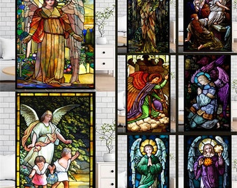 Autocollant de vitrail de Film de fenêtre fait sur commande, image multicolore d'anges, intimité givrée par adhérence statique pour le décor à la maison d'église