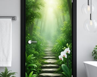 Custom Size Enchanted Forest Path Door Mural with White Orchids 3D Removable Waterproof Privacy Window Film Sticker for Home Bathroom