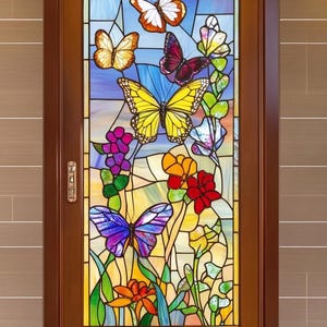 Film de confidentialité non adhésif autocollant pour vitrail papillon et fleur de dimension personnalisée pour portes et fenêtres en verre