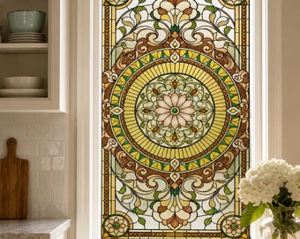 Soften Views with Gold Floral Medallion Art Nouveau Window Film, Custom Size Available