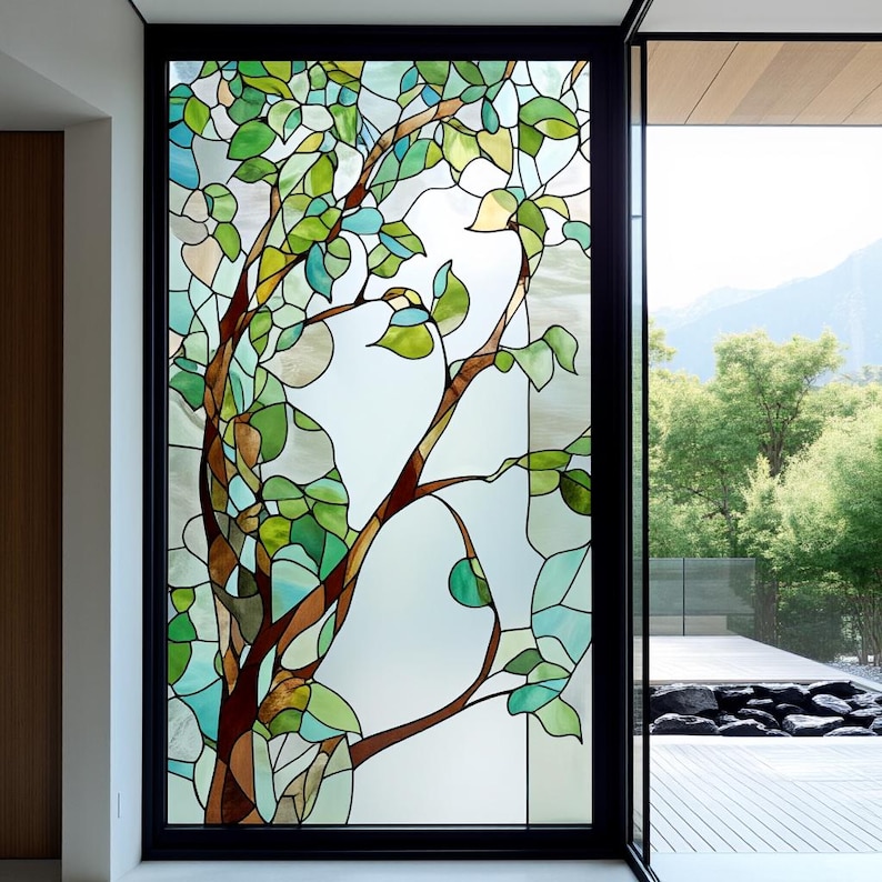 Custom Window Tree Custom Size Leafy Tree Stained Glass Window Film Nature Inspired ...