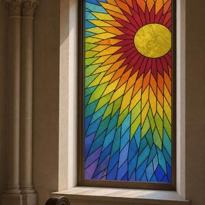 Puede incluir: Una ventana rectangular de vidrieras con un vibrante patrón de rayos de sol. El diseño irradia desde un círculo amarillo central, pasando por segmentos naranjas, rojos, verdes y azules. El vidrio está enmarcado en un marco oscuro.