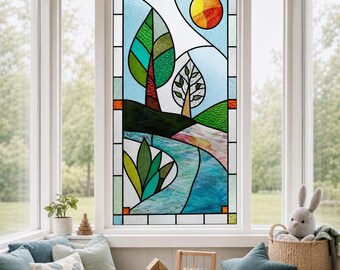 Privacy Window Film with Blue Green Tree Landscape and Sun, Custom Size Available