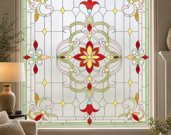 Frosted Green Floral Medallion Static Cling Film, Art Nouveau Custom Size Available