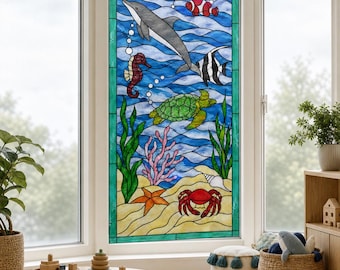 Blue Ocean Dolphin Static Cling Window Film, Sea Life Stained Glass Effect, Custom Size