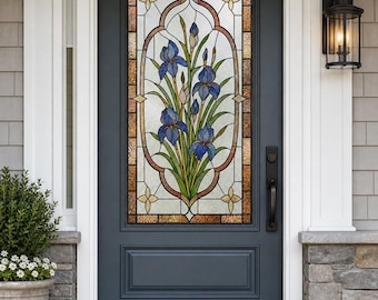 Art Deco Blue Iris Stained Glass Effect Window Film, Custom Size Static Cling for Door or Window