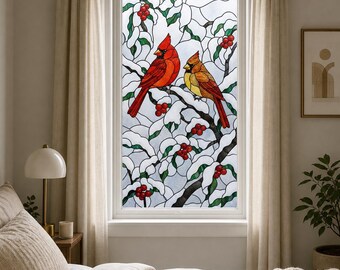 Frosted Winter Cardinal Static Cling Window Film with Red Berries, Custom Size