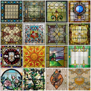 Könnte beinhalten: Eine Sammlung von 16 Buntglasfenstern mit verschiedenen Designs, darunter florale Muster, geometrische Formen und religiöse Symbole. Die Fenster sind alle in dunklem Holz gerahmt und haben eine Vielzahl von Farben, darunter Blau, Grün, Rot und Gelb.