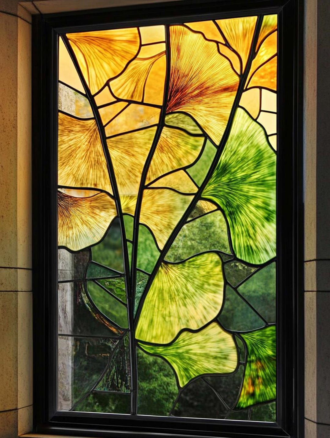 Gingko Window Custom Size Golden and Green Ginkgo Leaf Stained Glass Window Film ...