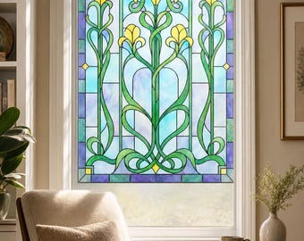 Yellow Iris Art Nouveau Window Film, Printed Stained Glass Effect, Custom Size Available