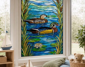 Ducks on Pond Stained Glass Effect Window Film with Cattails, Custom Size Available
