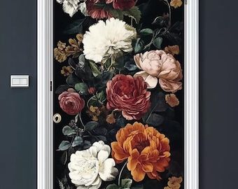 Custom Size Vintage Floral Waterproof Door Sticker Self-Adhesive Door Wrap for Bedroom Living Room and Study Room Decoration