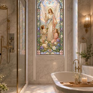 Custom Size Angel Stained Glass Window Privacy Film Guardian Angel with Children Floral Gothic Bathroom Window Art Panel