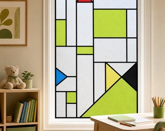 Modern Geometric Stained Glass Effect Window Film, Lime Abstract, Custom Size Available