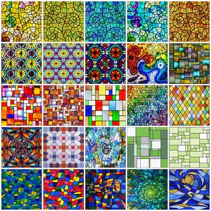 May include: A collection of 25 colorful stained glass designs featuring geometric patterns, abstract shapes, and floral motifs. The designs are arranged in a grid format.