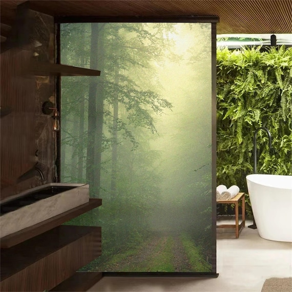 Custom Size Fog Forest Pattern Privacy Window Film Static Cling Frosted PVC Anti-UV Glue-Free Stained Glass Door and Window Sticker