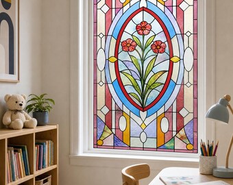 Red Flower Medallion Stained Glass Effect Window Film, Art Deco Custom Size Available