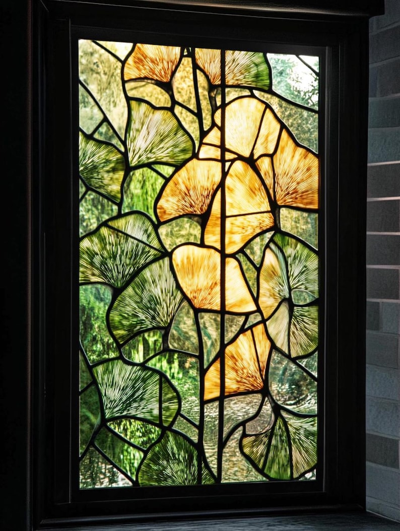 Gingko Window Custom Size Golden and Green Ginkgo Leaf Stained Glass Window Film ...
