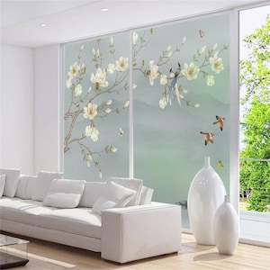 Custom Size Birds and Flowers Static Cling Window Film UV and Heat Control for Privacy and Decorative Glass Sticker for Home Decor