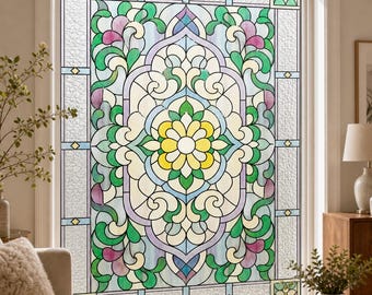 Green and Cream Floral Medallion Static Cling Window Film, Art Nouveau Custom Size