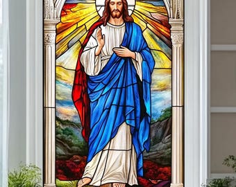 Custom Size Inspirational Stained Glass Privacy Window Film with Jesus Artwork Vibrant Religious Decor for Bedroom or Entryway Doors