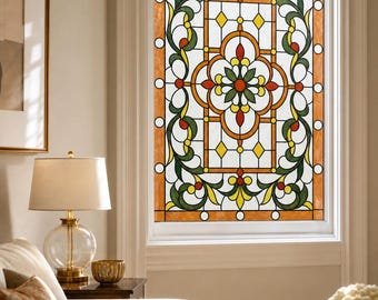 Privacy Film with Green Floral Medallion and Amber Border, Custom Size Available