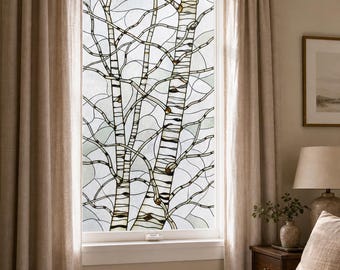 Bedroom Birch Tree Printed Stained Glass Effect Window Film, Custom Size Available