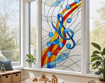 Music Notes Printed Stained Glass Effect Window Film for Kids Room, Custom Size Available