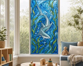 Ocean Sharks Printed Stained Glass Effect Window Film with Seaweed, Custom Size Available