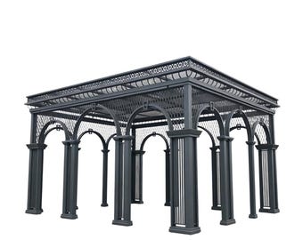 Ornamental Steel Pergola Pavilion with Arched Columns & Decorative Lattice Panels | Model FS104E
