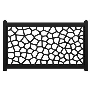 May include: A black decorative fence panel with a unique, organic pattern. The design features irregular shapes and lines, creating a modern and stylish look. The panel is made of a solid material and is suitable for outdoor use.