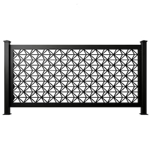 May include: Black metal fence panel with a geometric triangular pattern. The fence has a rectangular shape with vertical posts and a decorative design. The fence is suitable for outdoor use and adds a modern touch to any property.