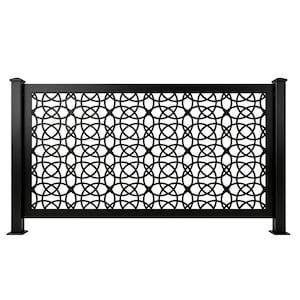 May include: A black metal decorative fence panel with a repeating circular pattern. The panel has a rectangular shape with vertical posts on each end and a solid base. The design is suitable for outdoor use.