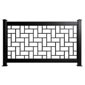 May include: Black metal fence panel with a geometric brickwork design. The fence has a rectangular shape with vertical posts and a horizontal top rail. The pattern is made of rectangular shapes. The fence is designed for outdoor use.