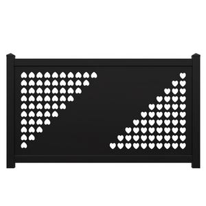 May include: A black decorative fence panel with a geometric design of white heart-shaped cutouts. The panel has a rectangular shape with vertical posts on each end. The heart cutouts are arranged in a triangular pattern.