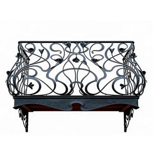 Puede incluir: Balcón de hierro forjado negro ornamentado con un diseño floral decorativo. El balcón tiene un frente curvo y está sostenido por ménsulas. El diseño es simétrico y detallado, adecuado para la decoración exterior.