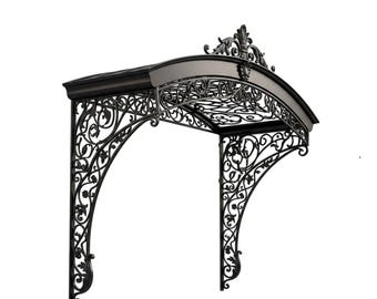 Grand Curved Wrought Iron Scrollwork Entrance Awning – Ornamental Floral & Vine Canopy Made in Canada - Model # WA902E