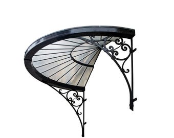 Heritage Fan‑Style Wrought Iron & Glass Entrance Canopy – Semi‑Circular Scroll Bracket Awning Made in Canada - Model # WA901E